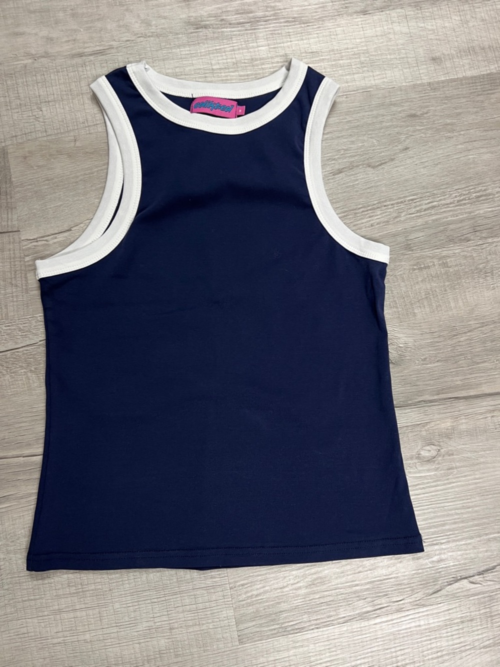 Edikted Navy Tee with White Neck Trim and Pink Logo Tag